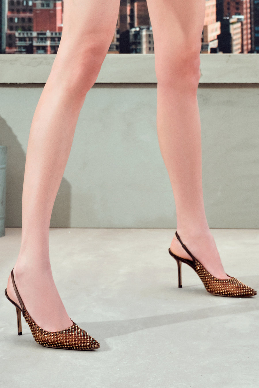 Women's Bronze Stone Open Back Thin Heeled Leather Shoes