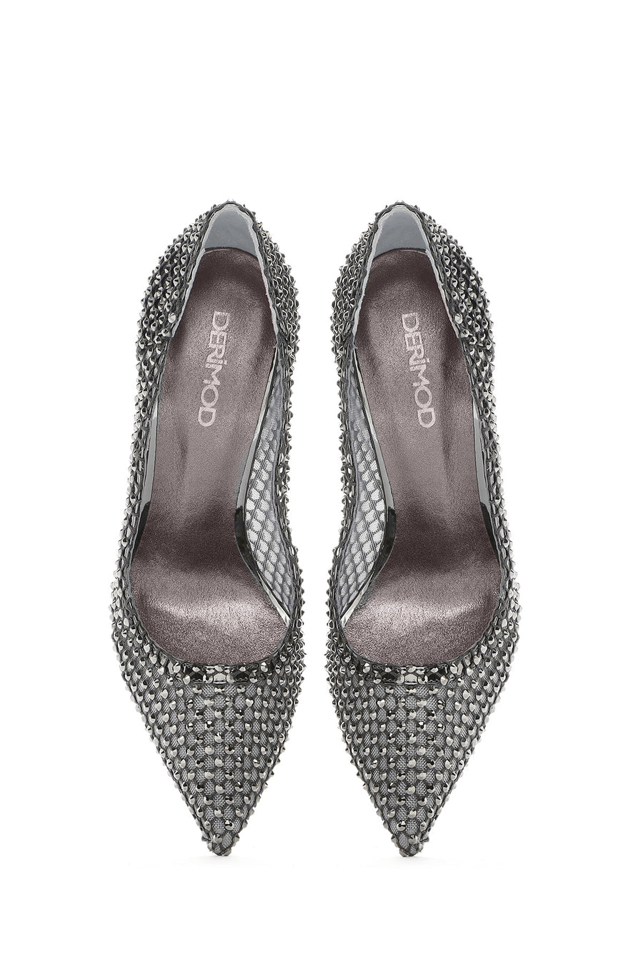 Kadın Gümüş Taşlı Yüksek İnce Topuklu Deri Stiletto