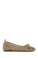 Women's Beige Patterned Suede Leather Ballet Flats | Derimod