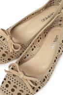 Women's Beige Patterned Suede Leather Ballet Flats | Derimod