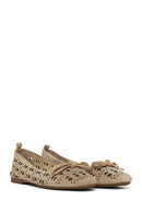 Women's Beige Patterned Suede Leather Ballet Flats | Derimod