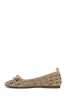 Women's Beige Patterned Suede Leather Ballet Flats | Derimod