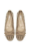 Women's Beige Patterned Suede Leather Ballet Flats | Derimod