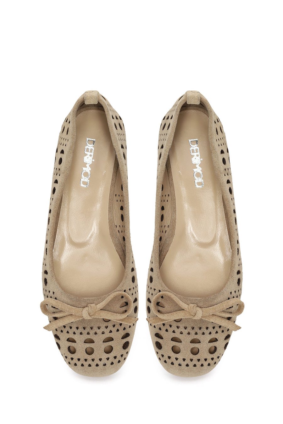Women's Beige Patterned Suede Leather Ballet Flats