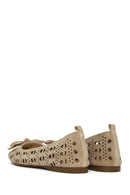 Women's Beige Patterned Suede Leather Ballet Flats | Derimod