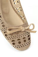 Women's Beige Patterned Suede Leather Ballet Flats | Derimod