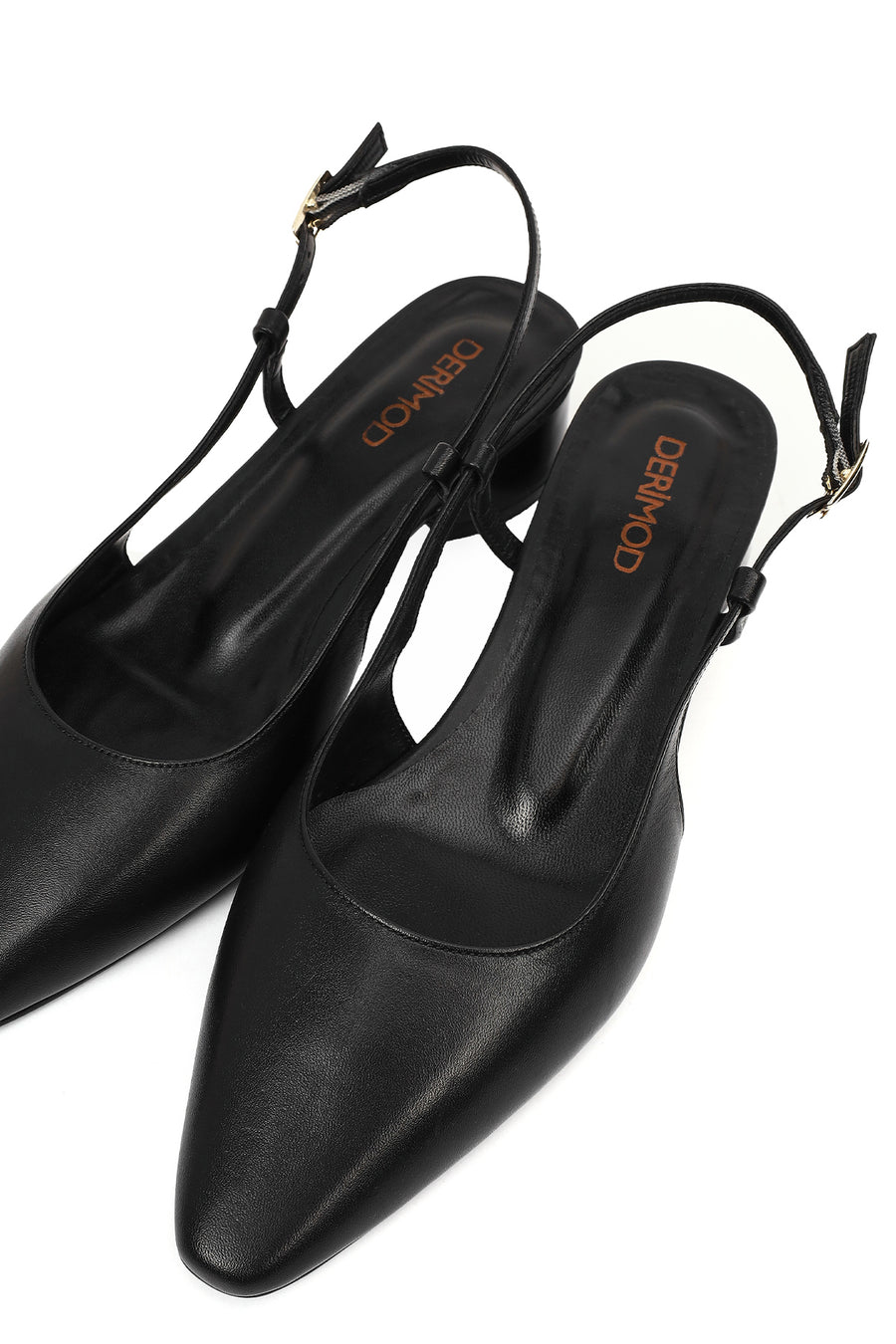 Women's Black Open Back Short Chunky Heel Leather Ballet Flats
