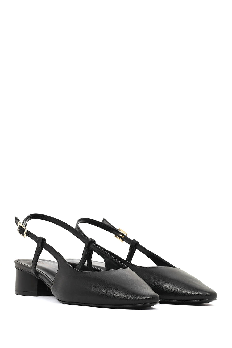 Women's Black Open Back Short Chunky Heel Leather Ballet Flats