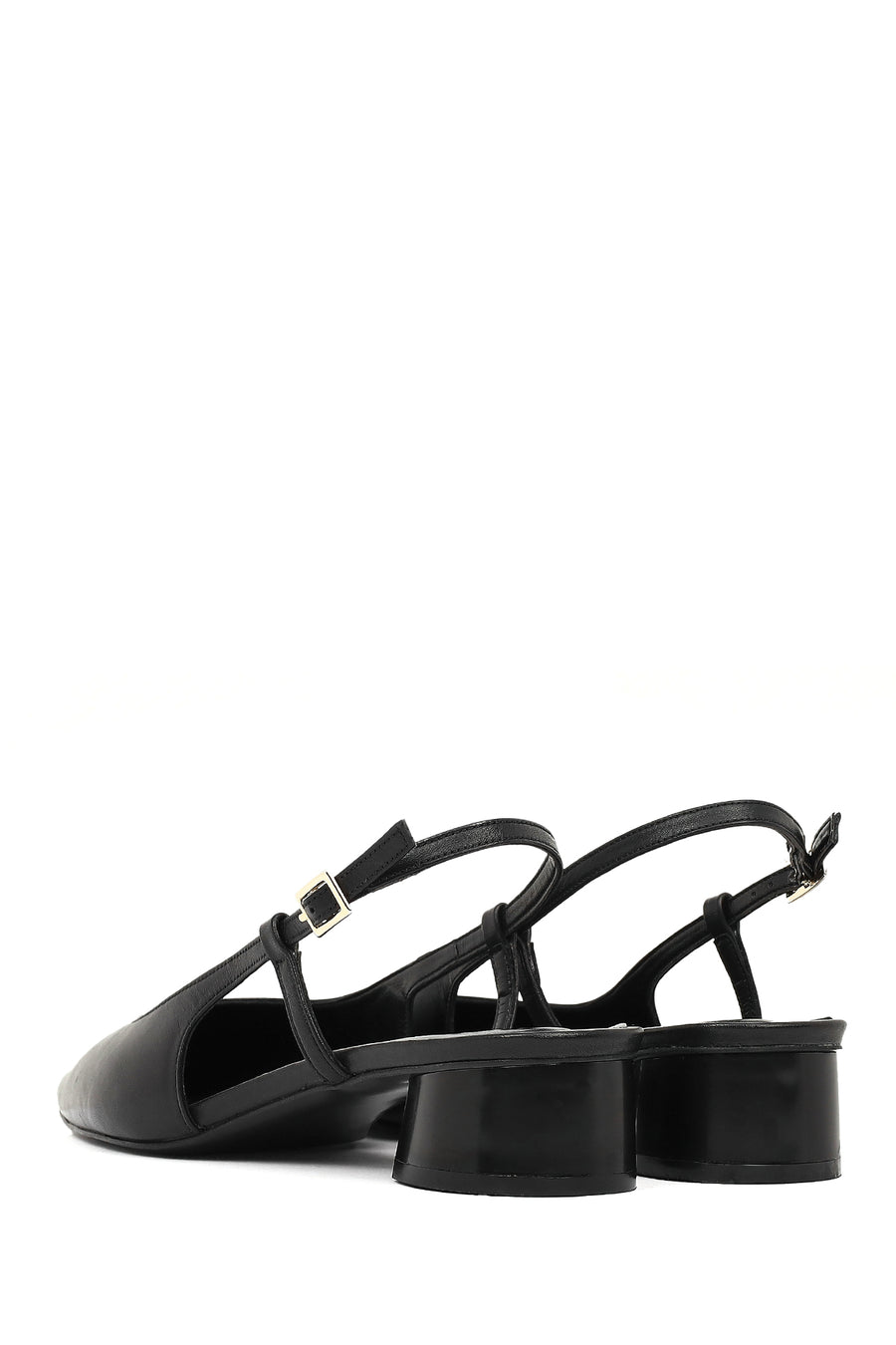 Women's Black Open Back Short Chunky Heel Leather Ballet Flats