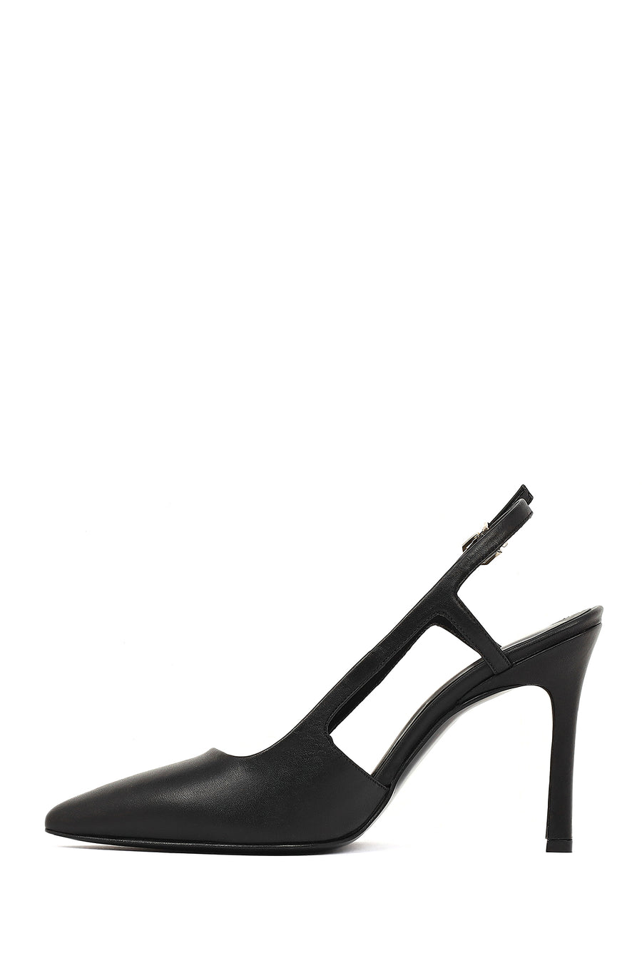 Women's Black Slingback High Thin Heel Leather Shoes