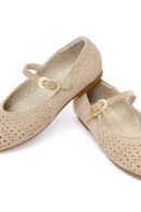 Women's Beige Buckle Suede Leather Ballet Flats | Derimod