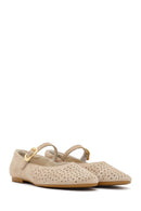 Women's Beige Buckle Suede Leather Ballet Flats | Derimod