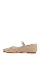 Women's Beige Buckle Suede Leather Ballet Flats | Derimod