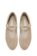 Women's Beige Buckle Suede Leather Ballet Flats | Derimod