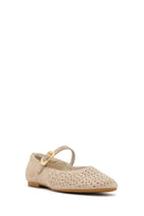 Women's Beige Buckle Suede Leather Ballet Flats | Derimod