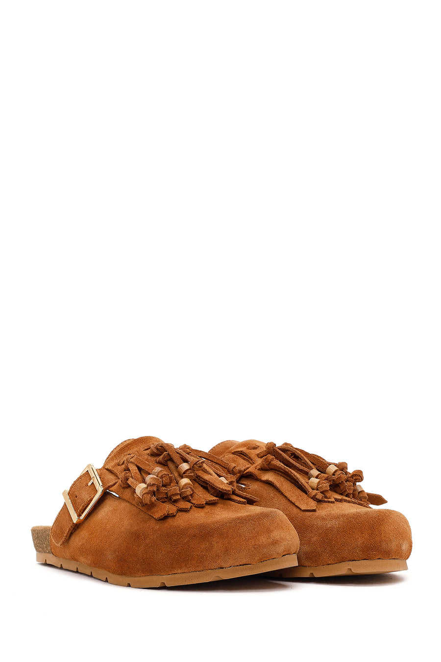 Women's Tan Tassel Suede Leather Slippers