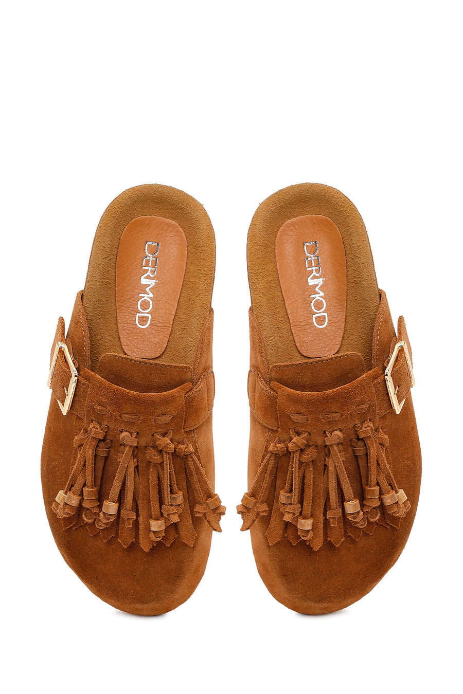 Women's Tan Tassel Suede Leather Slippers