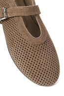 Woman Tan Mesh Suede Leather Ballerine Shoes | Derimod