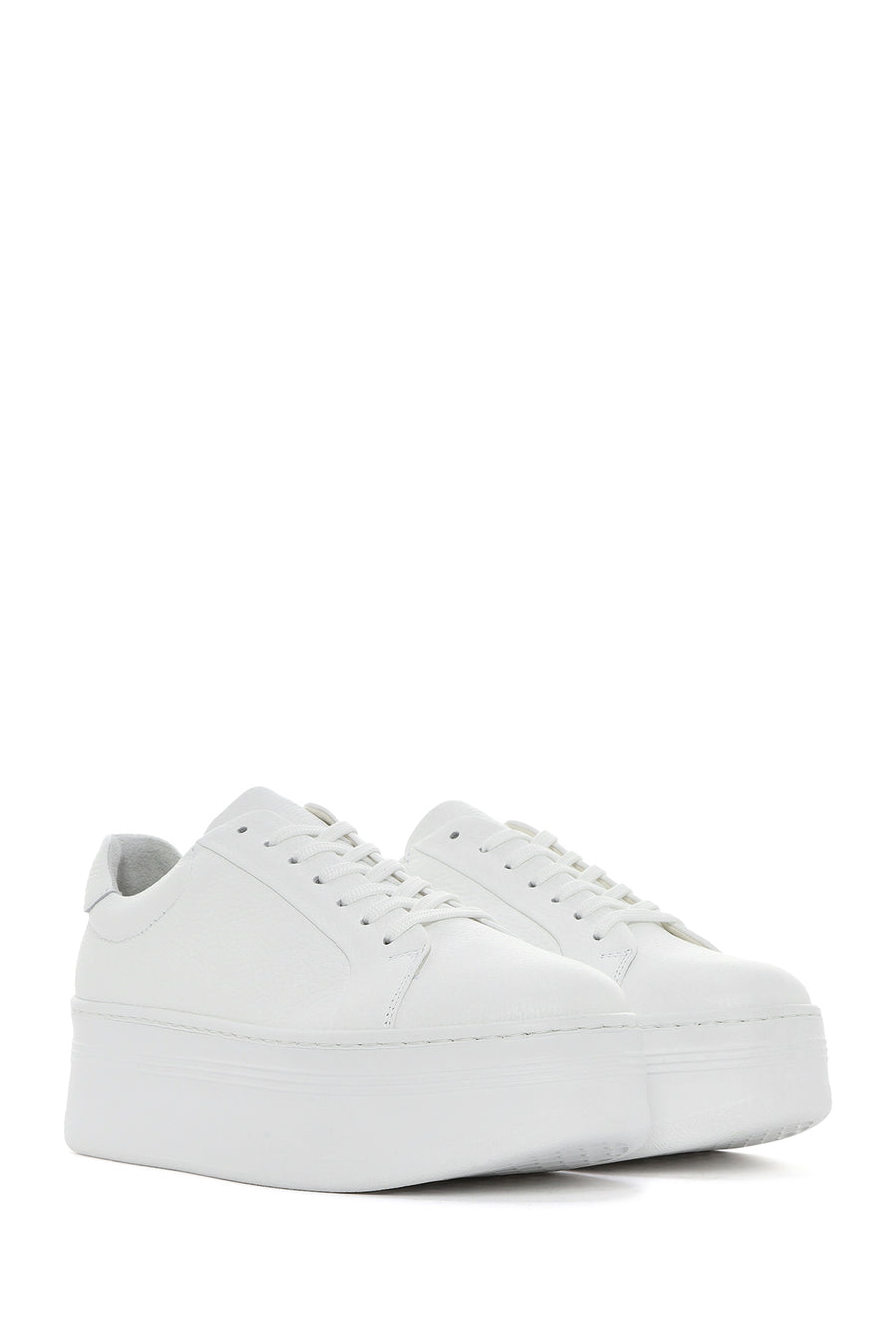 Women's White Lace-up Thick-Sole Leather Sneaker