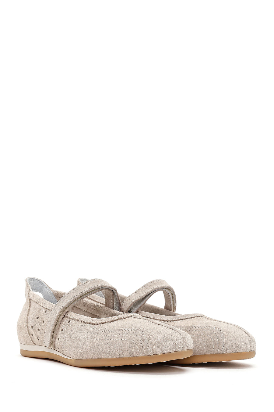 Women's Beige Strapped Suede Leather Ballet Flats