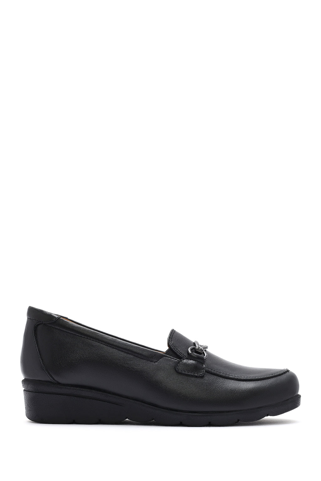 Kadın Siyah Tokalı Dolgu Topuklu Deri Comfort Loafer