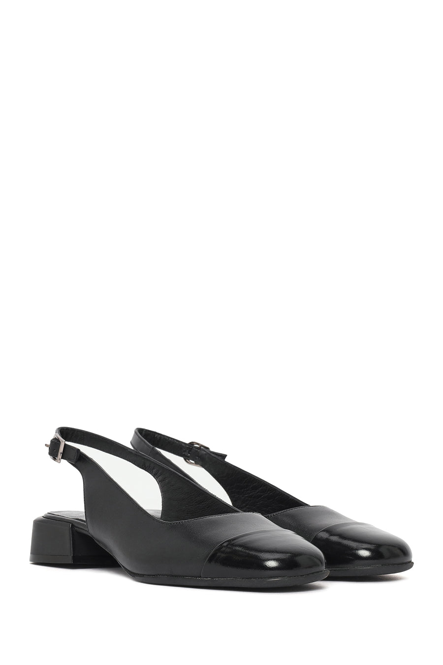 Women's Black Open Back Short Chunky Heel Leather Shoes