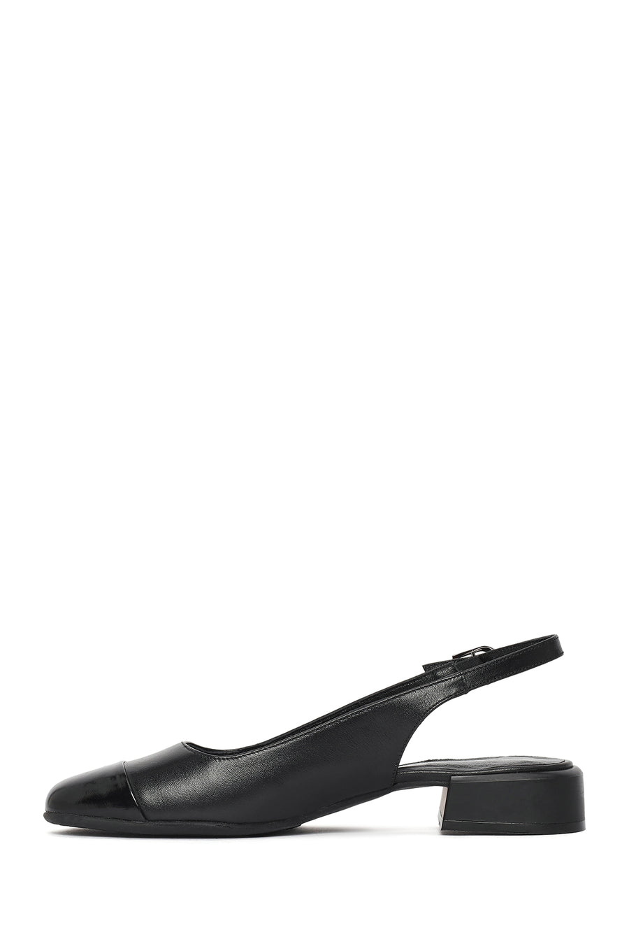 Women's Black Open Back Short Chunky Heel Leather Shoes
