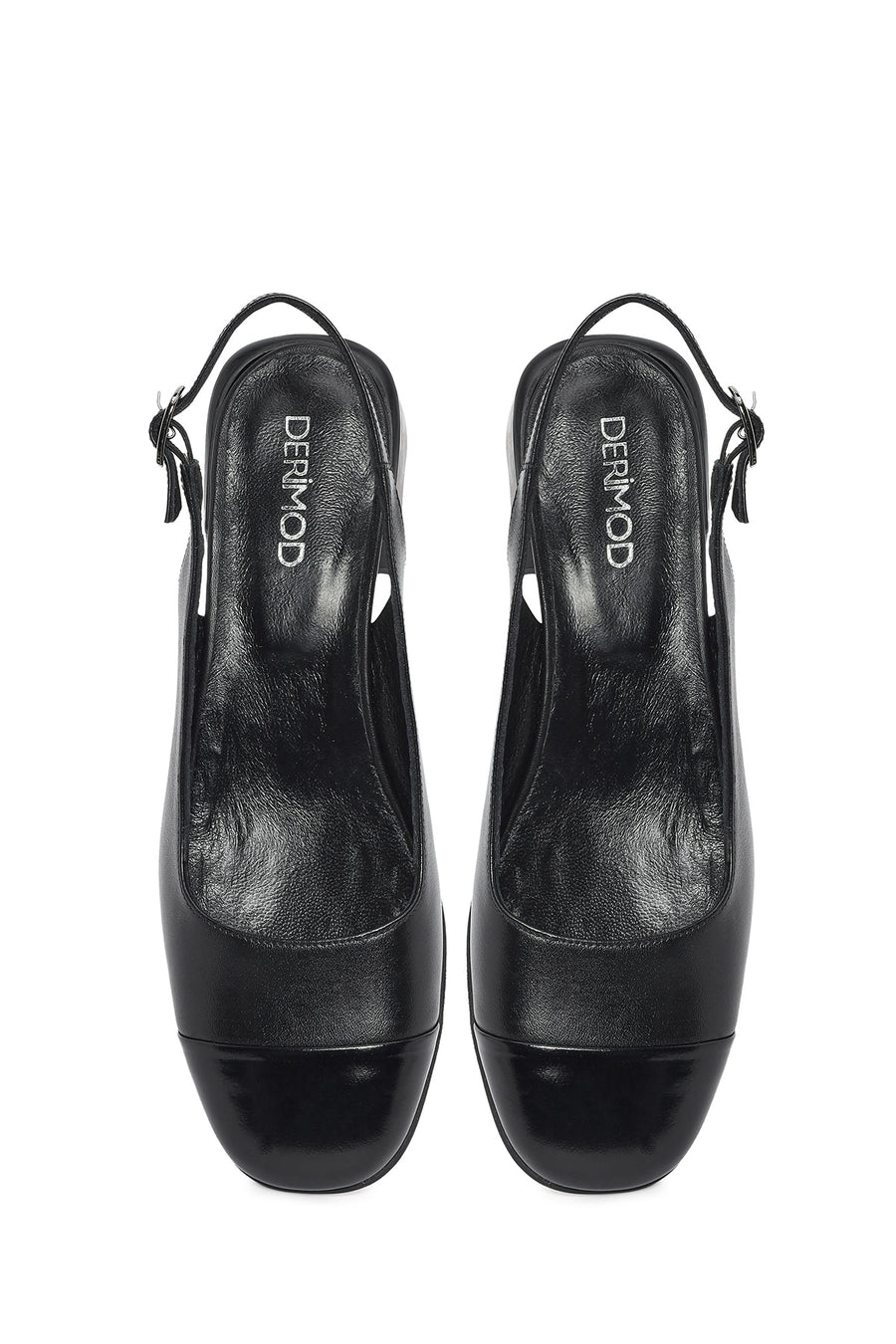 Women's Black Open Back Short Chunky Heel Leather Shoes