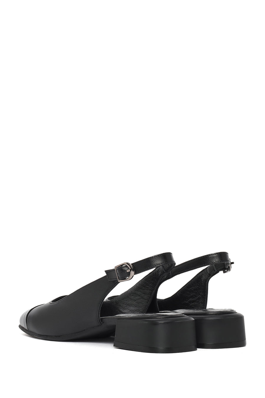Women's Black Open Back Short Chunky Heel Leather Shoes