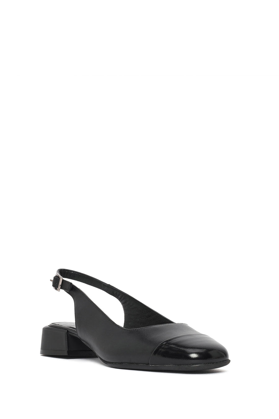 Women's Black Open Back Short Chunky Heel Leather Shoes