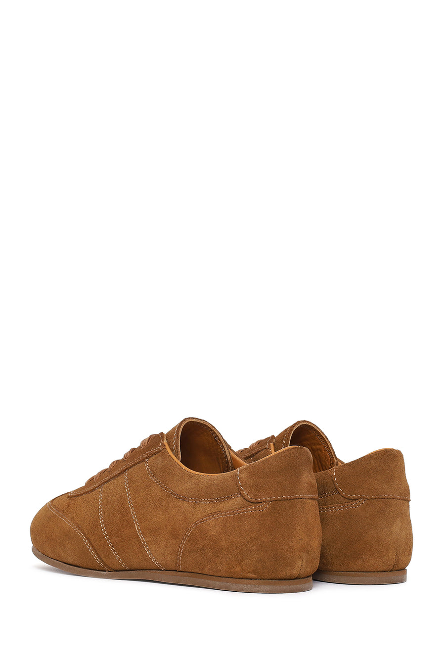 Woman Tan Lace-Up Suede Leather Sneakers