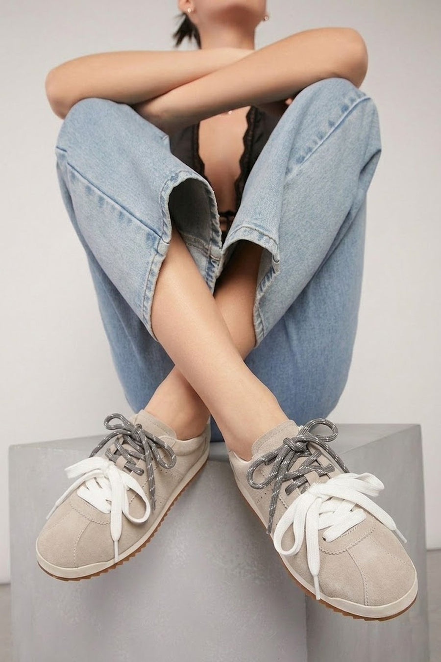 Woman Light Gray Lace-Up Suede Leather Sneaker