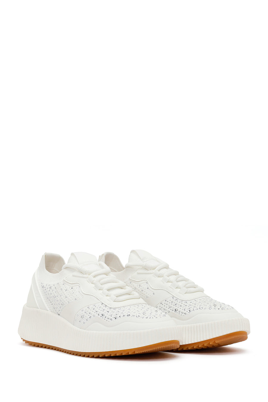 Derimod Zero Woman White Lace-Up Chunky-Soled Embellished Fabric Sneakers