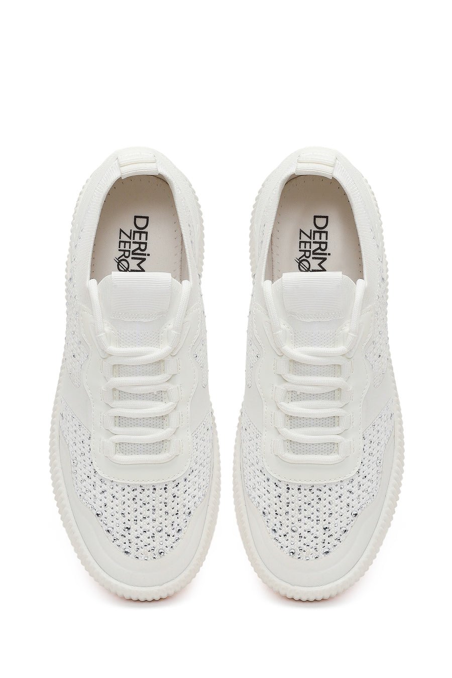 Derimod Zero Woman White Lace-Up Chunky-Soled Embellished Fabric Sneakers