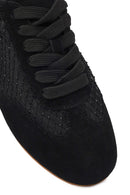 Women's Black Lace-Up Rhinestone Suede Leather Sneaker | Derimod