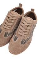 Kadın Vizon Bağcıklı Taşlı Süet Deri Sneaker | Derimod