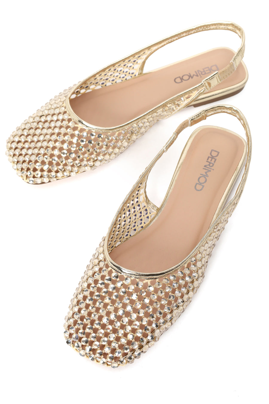 Woman Gold Open Back Embellished Ballerine Shoes