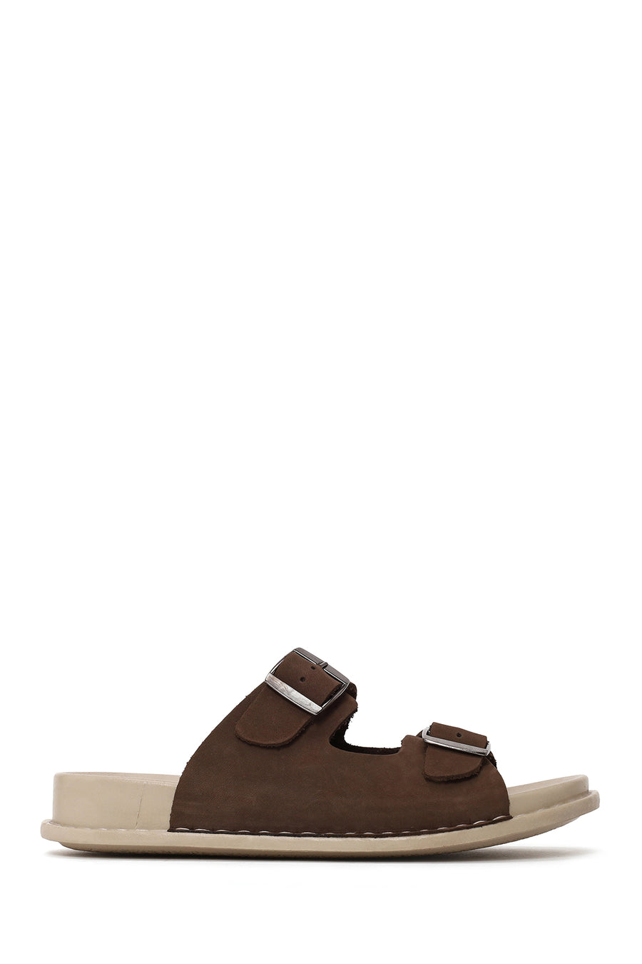 Women's Brown Double Buckle Nubuck Leather Comfort Slippers 26PFD5017V3 | Derimod