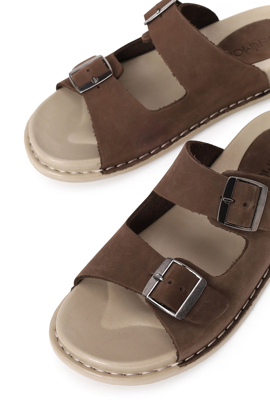 Women's Brown Double Buckle Nubuck Leather Comfort Slippers