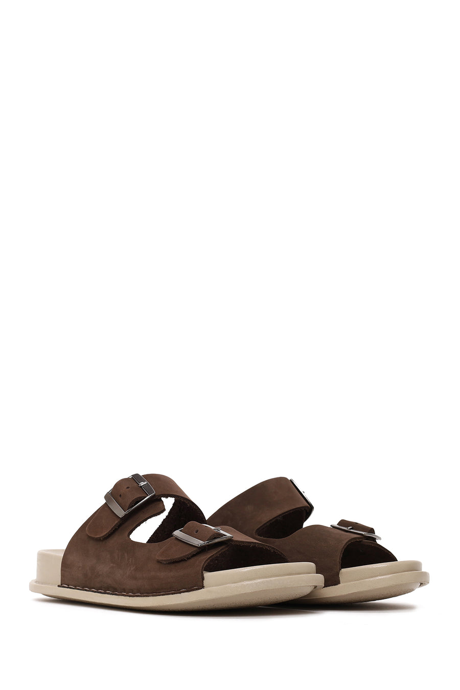 Women's Brown Double Buckle Nubuck Leather Comfort Slippers