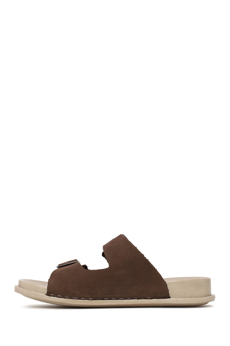 Women's Brown Double Buckle Nubuck Leather Comfort Slippers