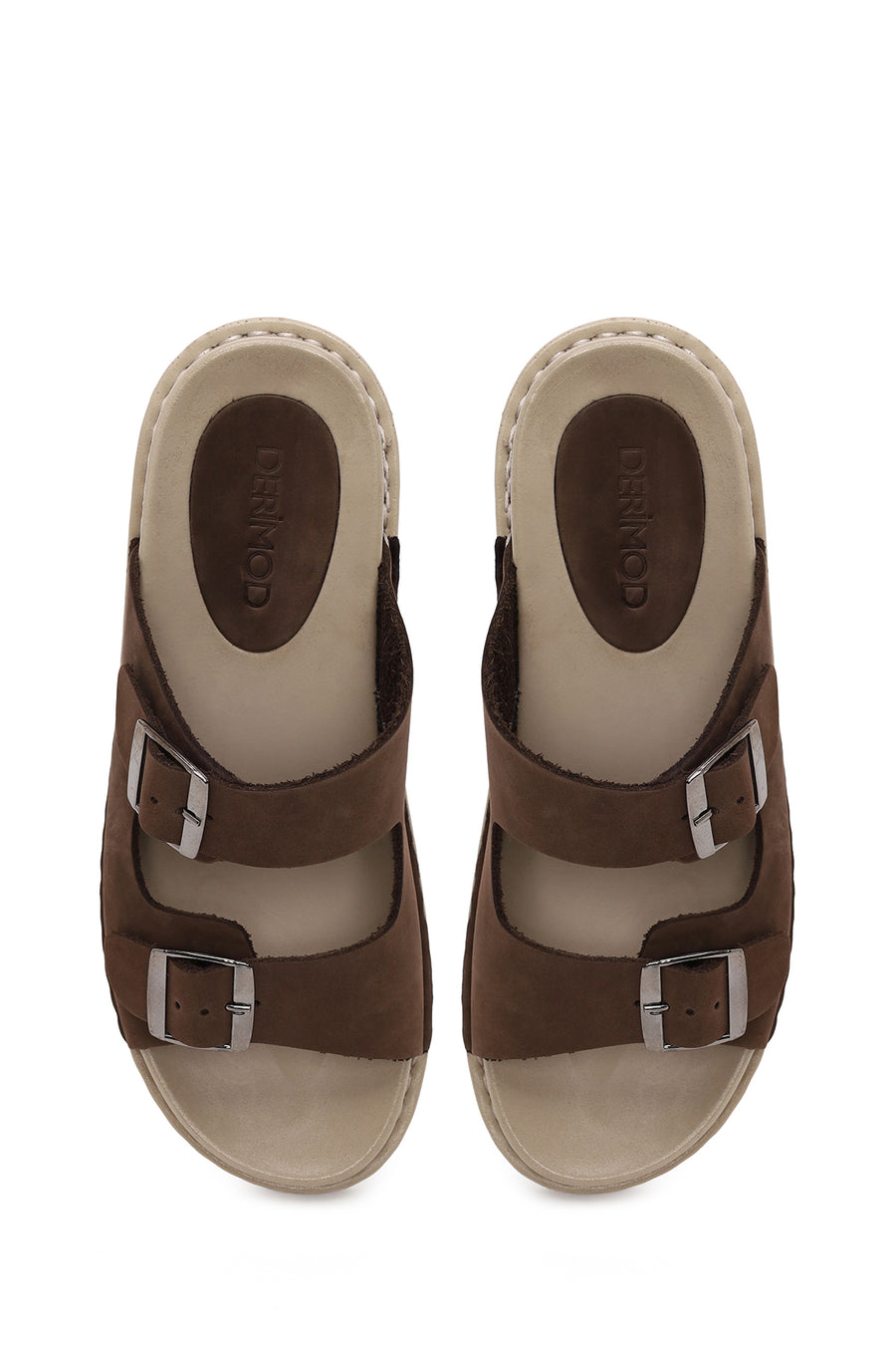 Women's Brown Double Buckle Nubuck Leather Comfort Slippers