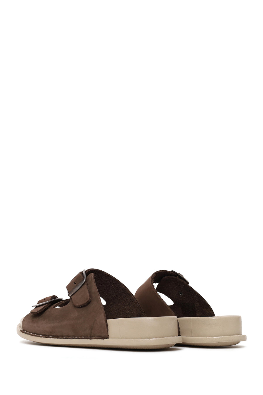 Women's Brown Double Buckle Nubuck Leather Comfort Slippers