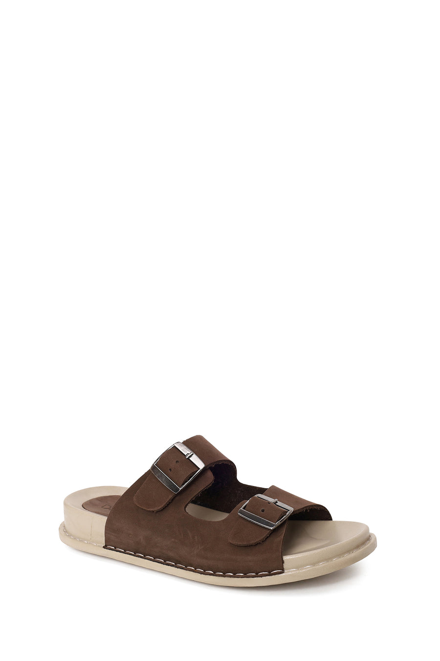 Women's Brown Double Buckle Nubuck Leather Comfort Slippers
