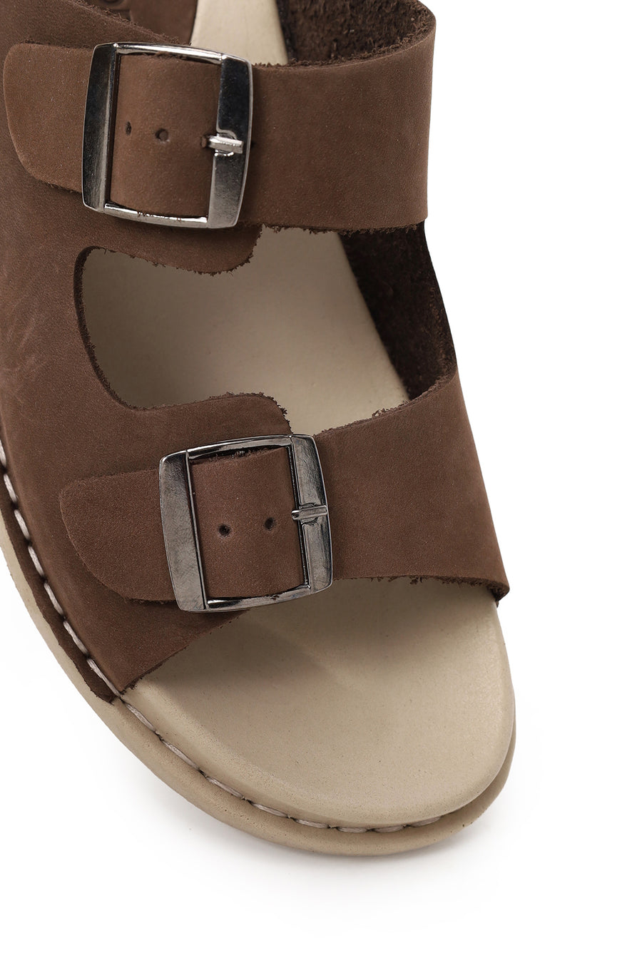 Women's Brown Double Buckle Nubuck Leather Comfort Slippers