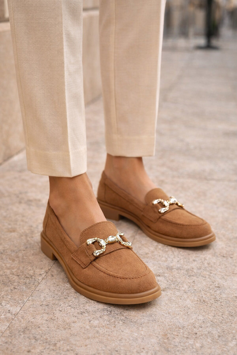 Women's Tan Stone Suede Leather Masculine Loafer