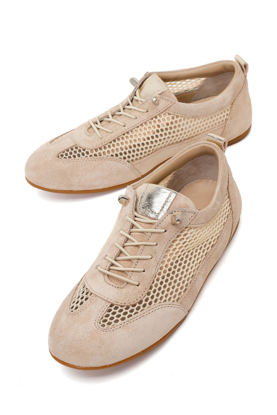Woman Beige Lace-up Mesh Leather Sneaker
