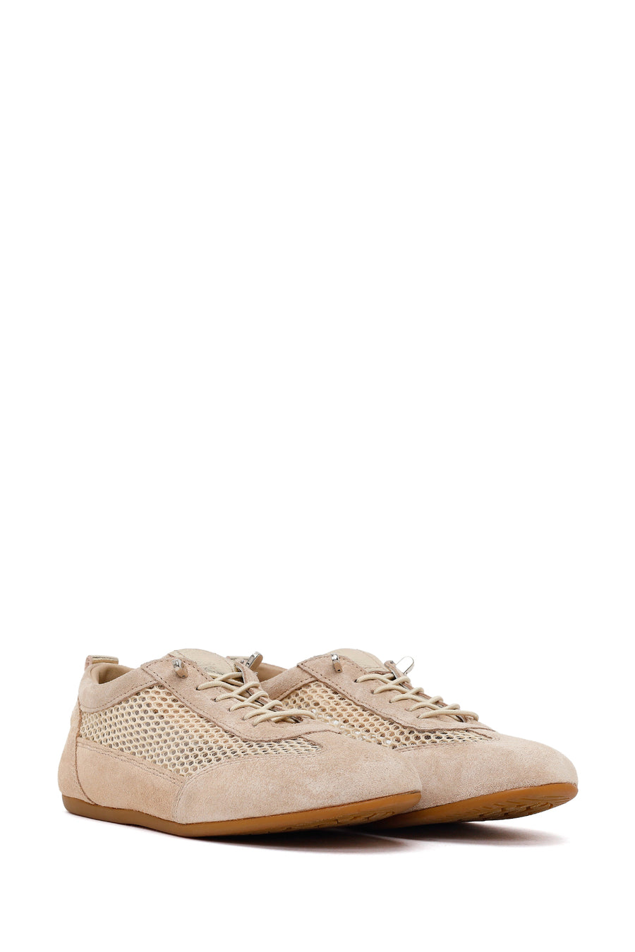Woman Beige Lace-up Mesh Leather Sneaker