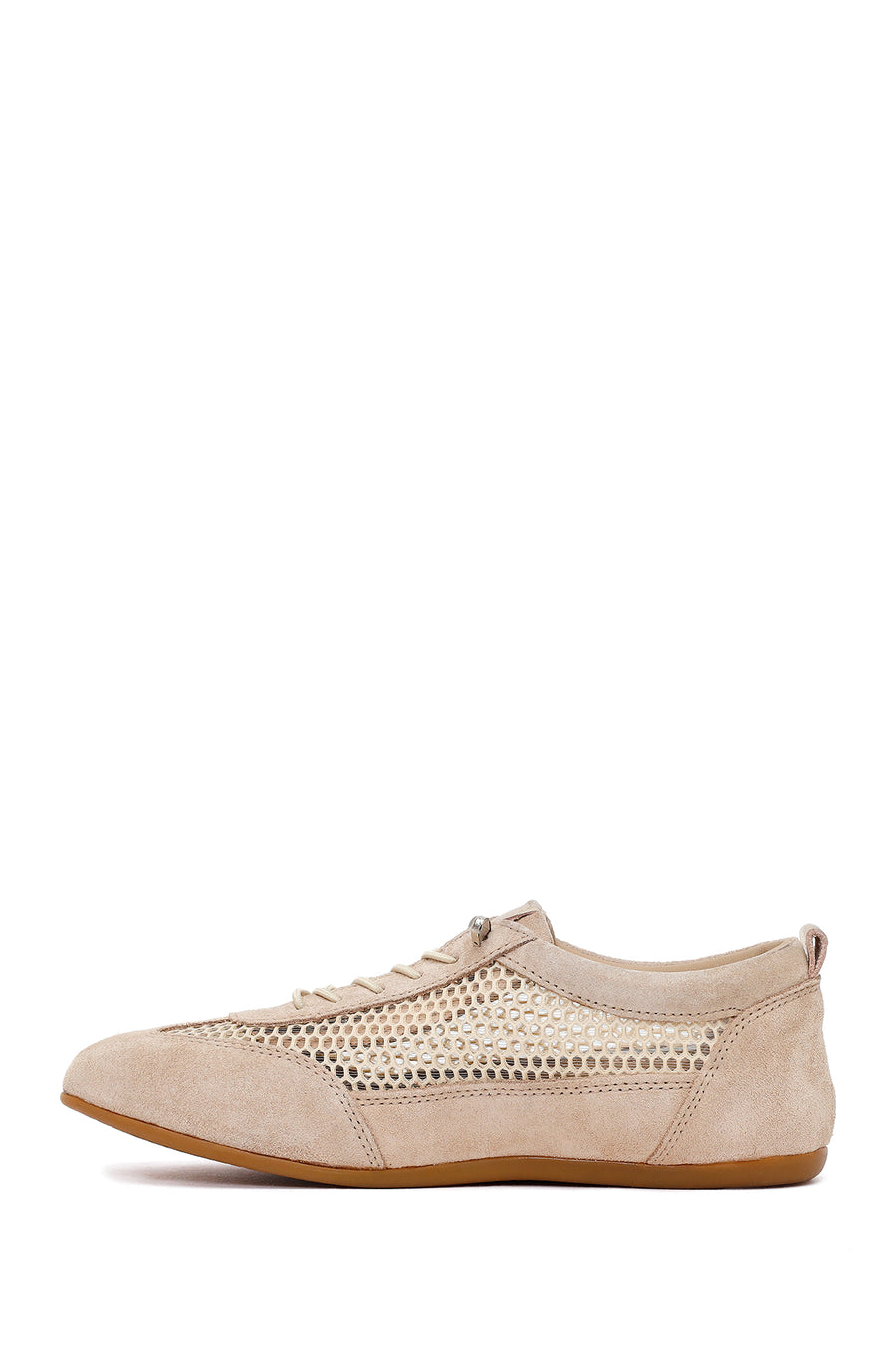 Woman Beige Lace-up Mesh Leather Sneaker
