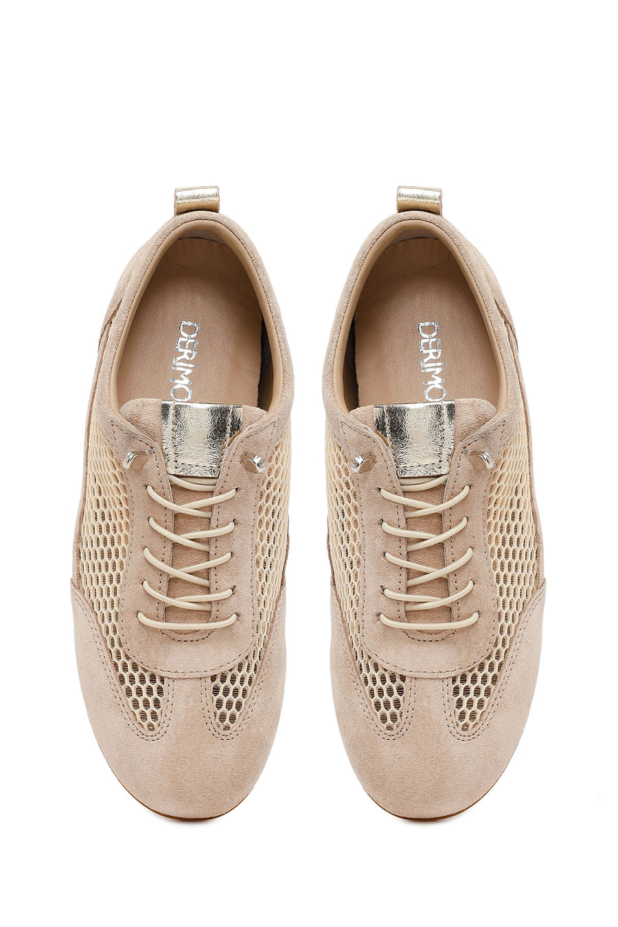 Woman Beige Lace-up Mesh Leather Sneaker